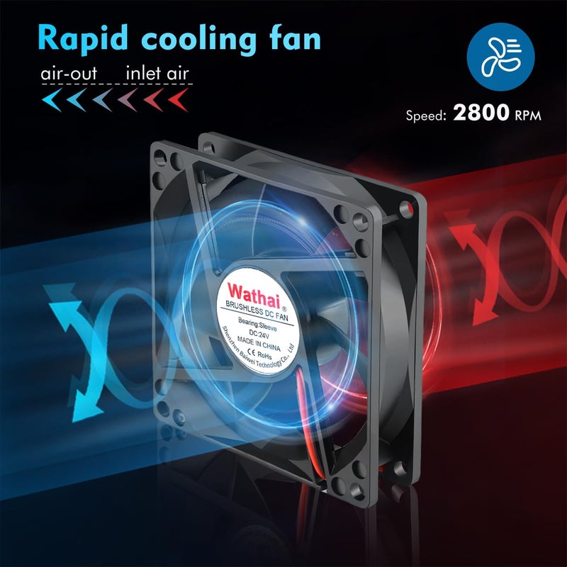 Wathai 80mm 24V DC Cooling Fan 2Pin 24Volt 80mm x 25mm Brushless 3 Inch Fan High Speed for DIY Ventilation Exhaust Projects Cooling 2 Pack - Image 3